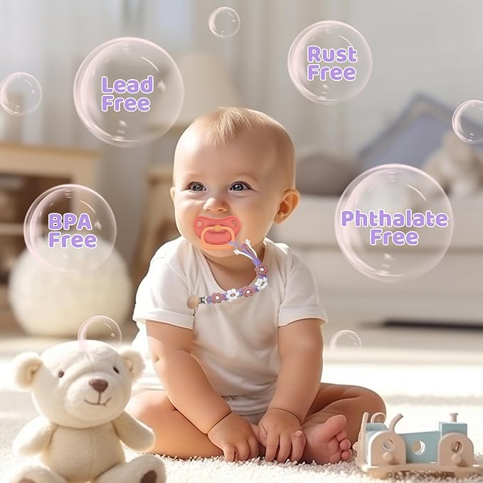 Pacifier Clip for Boys Girls Floral Daisy Macrame Baby Paci Clip Pacifier Holder Leash Boho Wooden Clips Handmade Braided Cotton Binky Clips (2pack:Lavender Style × 2)