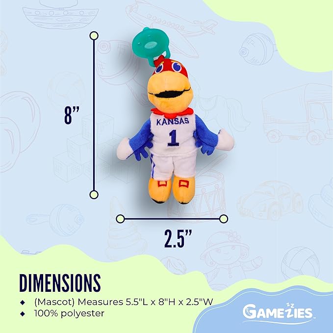 Gamezies Baby Boy and Girl College Mascot Stuffed Toy Plush Silicone Pacifier, Collegiately Licensed, BigJay, University of Kansas CPSIA Tested, BPA-Free 0-6 Months