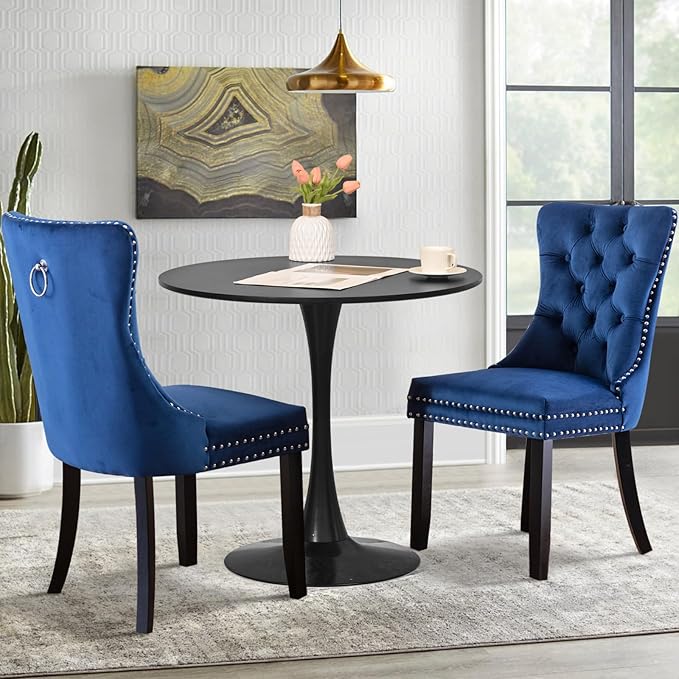 SoarFlash Kitchen Table and Chairs for 2, 31.5" Dining Table Set for 2 with Velvet Upholstered Chairs, 3 Piece Round Kitchen Table Set, Dining Room Table Set for Small Space, Apartment, Blue/Black