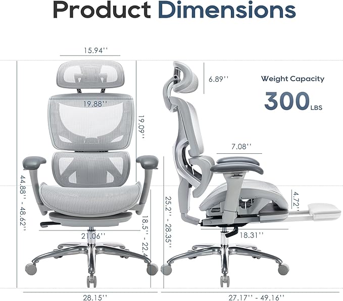 COLAMY Ergonomic Mesh Office Chair with Footrest, Executive High Back Computer Desk Chair with Wide Headrest and Adjustable 3D Arms, Backrest Height, Tilt Lock and Lumbar Support, Grey