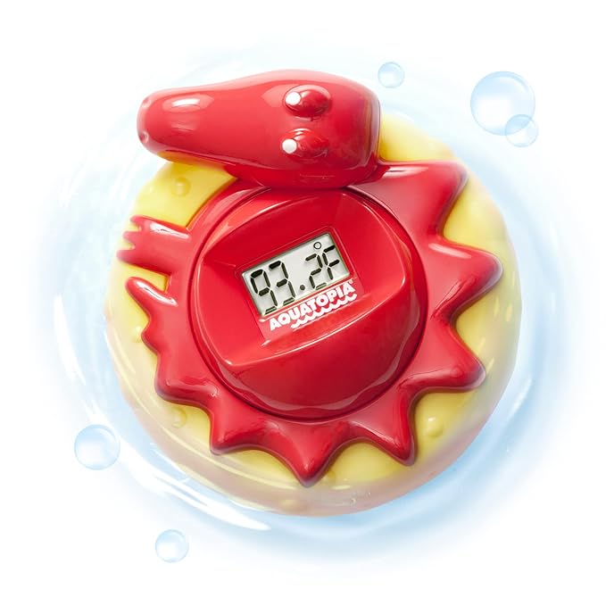 Aquatopia Charlie Crocodile Baby Bath Thermometer with Digital Audible Alarm, Floating Toy, Beeps Too Hot or Too Cold, Red