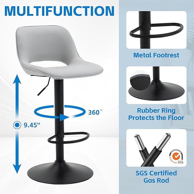YOUNIKE Bar Stools Set of 2 Modern Swivel Barstools, Adjustable Counter Height Bar Stools Faux Leather Upholstered Counter Stools with Hollow Back for Kitchen Island, Grey