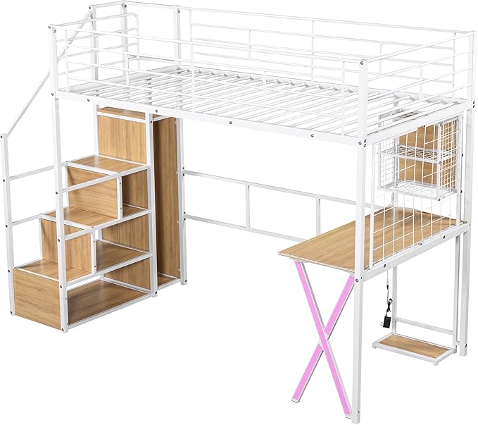Merax Twin Size Metal Loft Bed with Built-in Work Station, Wardrobe, Storage Staircase and LED, Gaming Bed for for Kids Teens Adults, Full-Length Guardrails, No Box Spring Needed, White