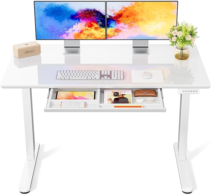 Marsail Glass Electric Standing Desk with Drawer, 48 x 24 Inches Height-Adjustable Desk, One-Piece Tempered Glass Top, Ergonomic Home Office Sit Stand Desk with 4 Preset Heights, White