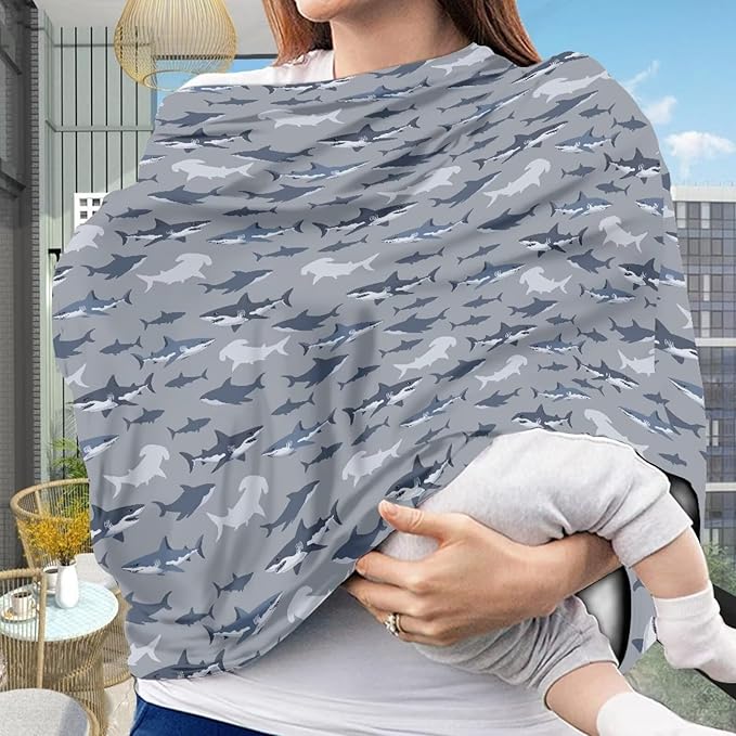 GIFTPUZZ Shark Nursing Cover for Breastfeeding Baby Car Seat Cover for Girls Boys Nursing Scarf Breastfeeding Ultra-Soft Car Seat Canopy Breathable Universal All Weather Full Protection