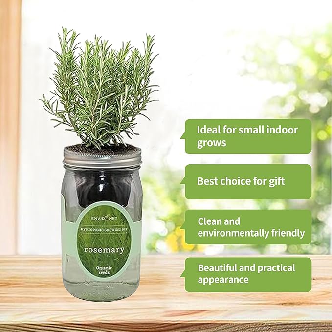 Hydroponic Herb Growing Kit, Self-Watering Mason Jar Herb Garden Starter Kit Indoor, Windowsill Herbs Garden, Grow Your Own Herbs from Organic Seeds (Rosemary)