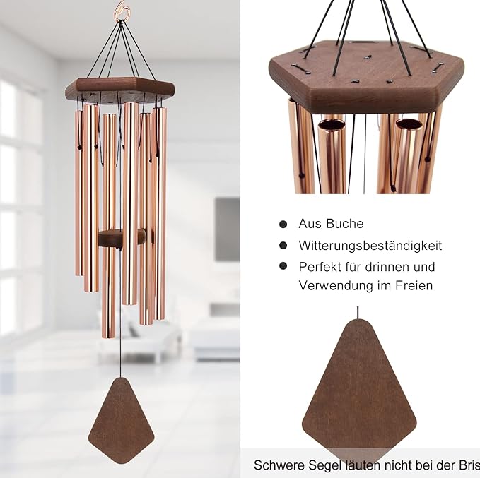Memorial Wind Chimes for Outside, Wind Chime Outdoor Deep Tone, Sympathy Wind-Chime Personalized with 6 Tuned Tubes, Elegant Chime for Garden Patio Balcony and Home Gold