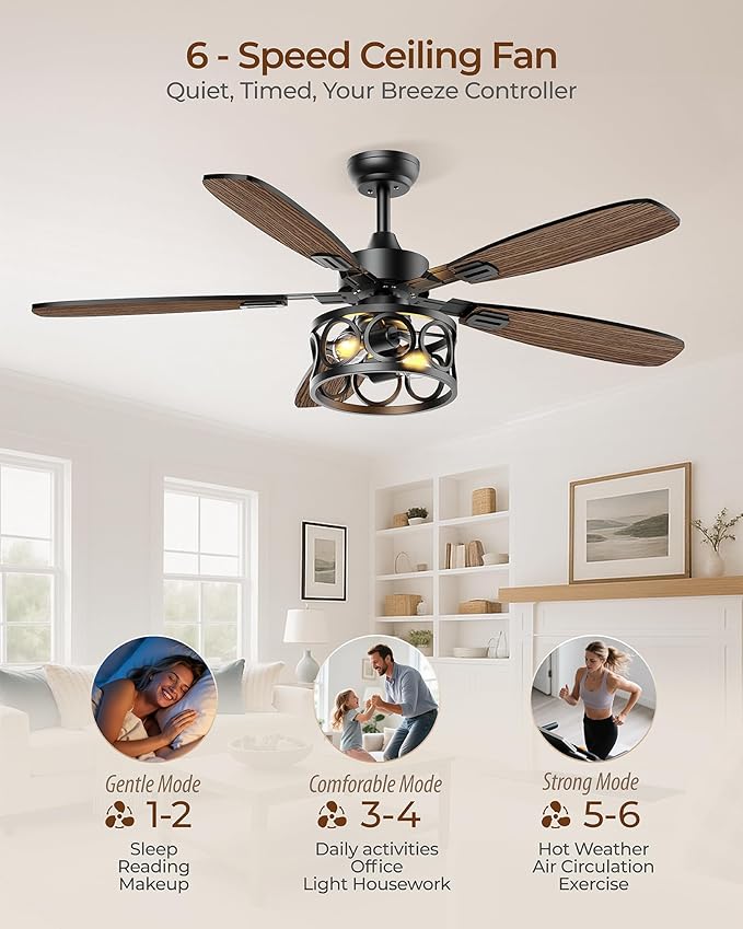 Ceiling Fans with Lights and Remote, 42'' Vintage Caged Ceiling Fan with Light, 5 Blades, 6+1 Speed, Flush Mount Ceiling Fan Whisper-quiet for Farmhouse, Living Room, Kitchen and Porch (42 Inch)
