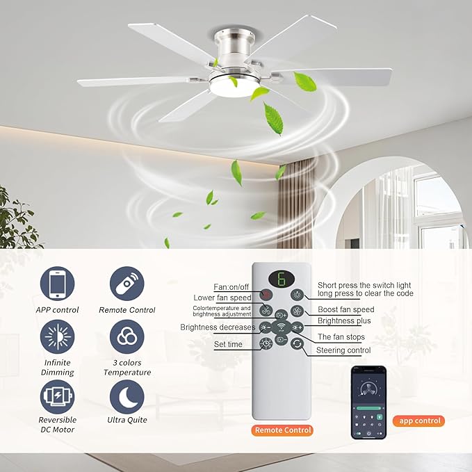 52inch Low Profile Ceiling Fan with Light and Remote/APP Control, LED Dimmable DC ReversibleModern, Flush Mount,6 Blade,Nickel Ceiling Fan for Bedroom Living Room/Outdoor Use