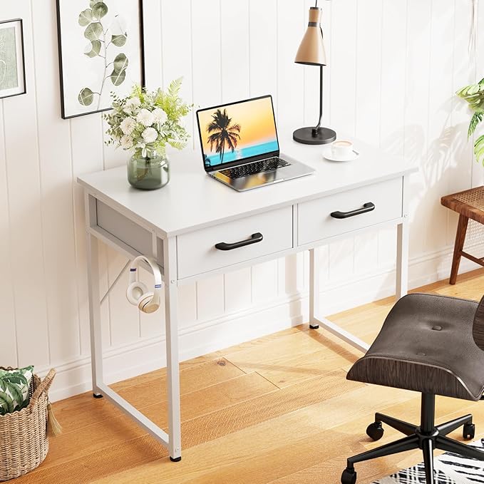 Casaottima 32 Inch Small Office Computer Desk with 2 Drawers & Headphone Hook - Compact Writing Desk for Home Office, Study or Work, Modern Space-Saving Design for Small Spaces, White