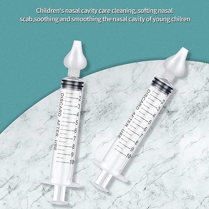 JUSONEY Baby Nose Syringe - Professional Fly Baby Irrigator with Clean and Reusable Silicone Nose Tips (2 Pieces)