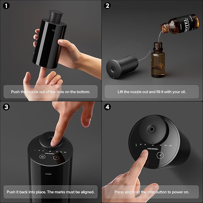 Airversa Waterless Essential Oil Diffuser Starter Kit with 2 x 30mL Fragrance Oil, Battery Operated Mini Scent Air Machine Portable Diffuser for Home Car Office Room, Black AN6 2 Packs Kit
