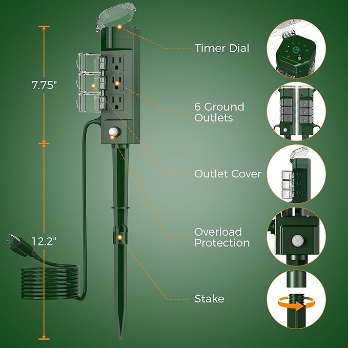 TESSAN Outdoor Power Stake Light Timer Waterproof, Wireless Remote Control, Yard Stake Countdown Timer（2, 4, 6, 8 Hour）, 6 Outlets, Dusk to Dawn for Lights and Garden Courtyard Decoration