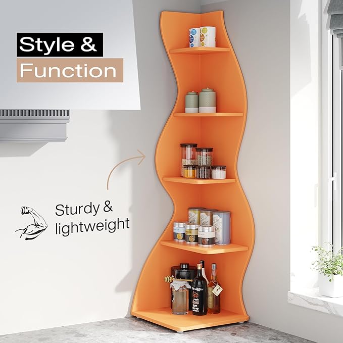 Tribesigns Corner Shelf, Modern 5-Tier Wall Corner Bookshelf, Stylish Corner Small Bookcase Storage Rack Plant Stand with Unique Shape for Living Room, Home Office (Orange, 1PC)