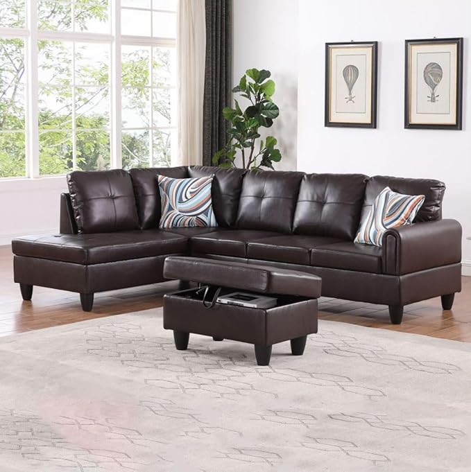 Brown L-Shaped 3-Piece Faux Leather Sofa with Storage Ottoman Set, Sectional Couch Sofa Set for Living Room, Office, Small Space