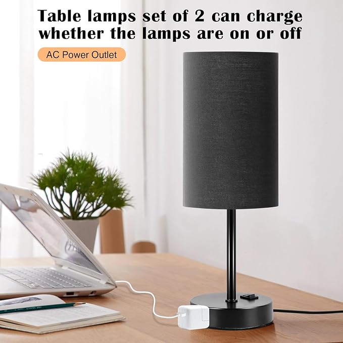 ZJOJO Table Lamp for Bedroom Set of 2, Bedside Small Lamps with 3 Way Dimmable Rocker Switch and AC Outlet, Nightstand Desk Lamp with Black Fabric Shade Black Base for Living Room Home Decor Lights