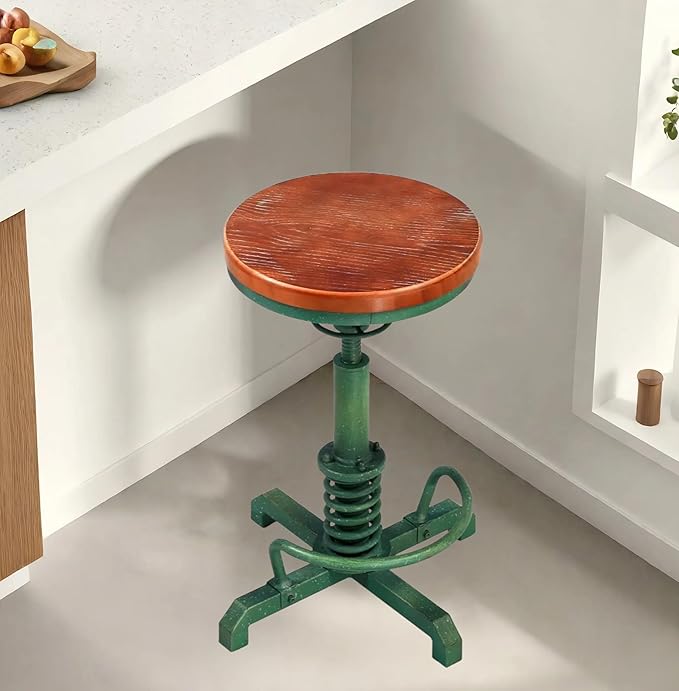 Topower Industrial Retro Vintage Farm Wooden Seat Tractor Stool Kitchen Swivel Height Adjustable bar Stool Antique Green