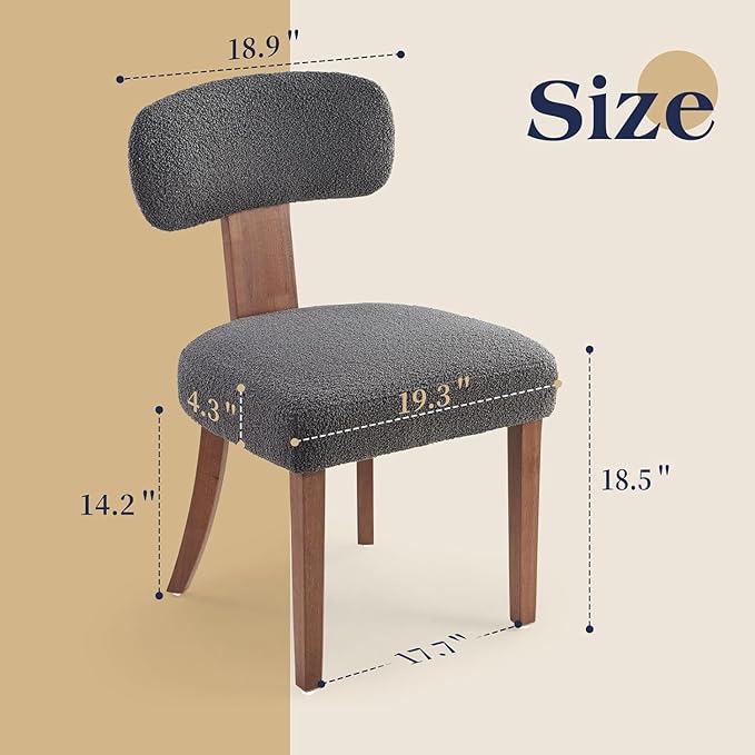 Farmhouse Chair Set of 4, Mid Century Modern Dining Chairs, Sherpa Upholstered Kitchen Chairs with Curved Backrest & Adjustable Legs for Living Room/Bedroom, Easy to Install, Grey Sherpa