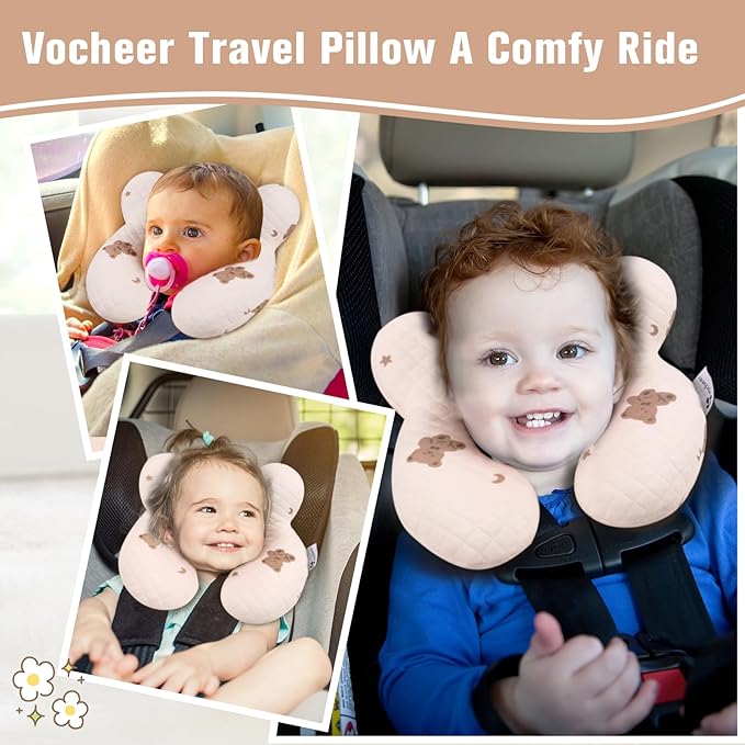 vocheer Baby Neck Pillow(Upgraded), Cotton, Baby Support Pillow, Car Seat Pillows for Newborn, Carseat Head and Body Support, Infant Travel Pillows for Prams, Pushchair, Stroller, Bouncer, Bears