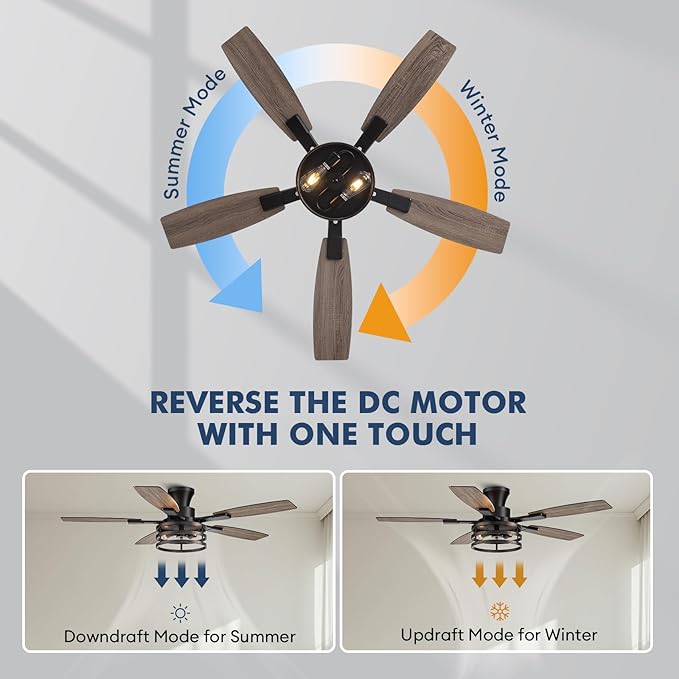 52 Inch Flush Mount Ceiling Fans with Lights and Remote Control, Low Profile Farmhouse Ceiling Fan for Bedroom Living Room and Patio, Black Caged Ceiling Fan for Indoor and Outdoor（No Bulb）
