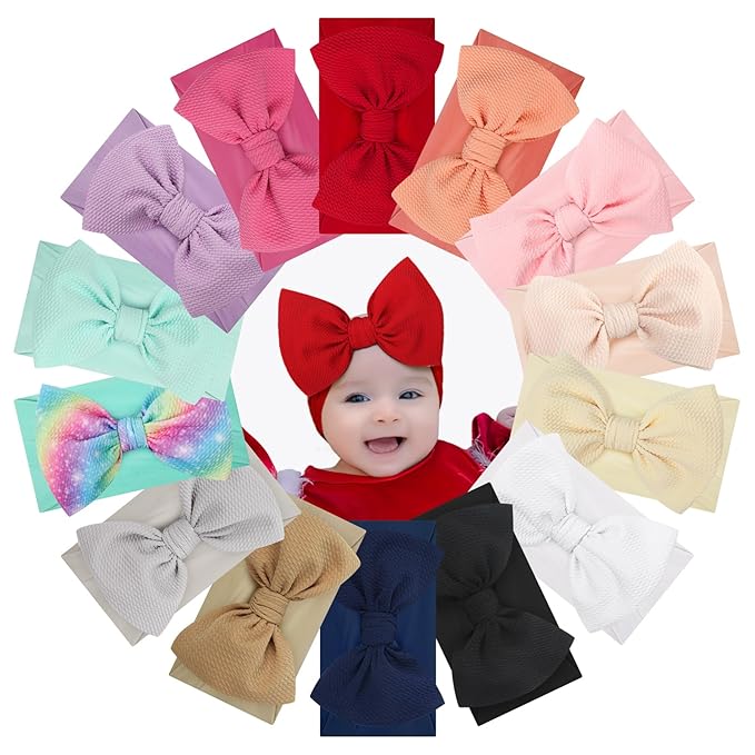 YanJie Baby Headbands - Handmade Elastic Nylon Hairbands with Hair Bows for Newborns, Girls, Toddlers, and Kids in Black, Red, Pink