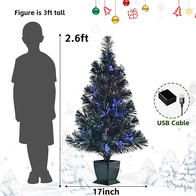 32inch Pre Lit Fiber Optic Christmas Tree,Small Christmas Tree with Lights,Mini Tabletop Christmas Trees,Starry Sky‌ Xmas Tree for Home,Office,Party Decoration,Indoor,Outdoor (Black)