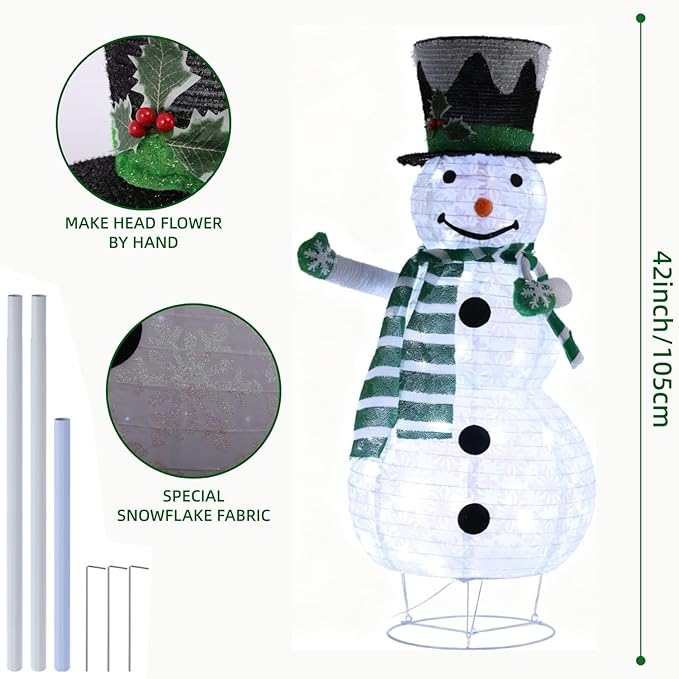 Snowman 3D Christmas Collapsible Decorations，Lighted Outdoor Xmas Large Snowman Garden Décor，Pre-Lit for Indoor/Outside Yard Holiday Decoration (Green)