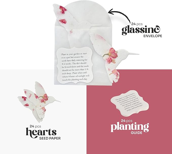 Wildflower Seed Paper - Set of 24 Pink Hummingbird-Shaped with Envelope and Planting Instruction, Writable & Plantable Gift for Plant Lover, Use for Funeral, Memorial, & Celebration of Life