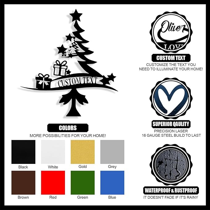 Personalized Christmas Tree Metal Sign, Custom Signs Outdoor Metal Wall Decor, Merry Christmas Tree Signs Wall Decoration for Home Living Room, Bedroom, Office, Garden, Porch