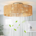 Ceiling Fans with Lights, 20" Boho Ceiling Fan with Light Flush Mount, Rattan Low rofile with 6 Speeds, Remote Control for Bedroom, Nursery, Living Room