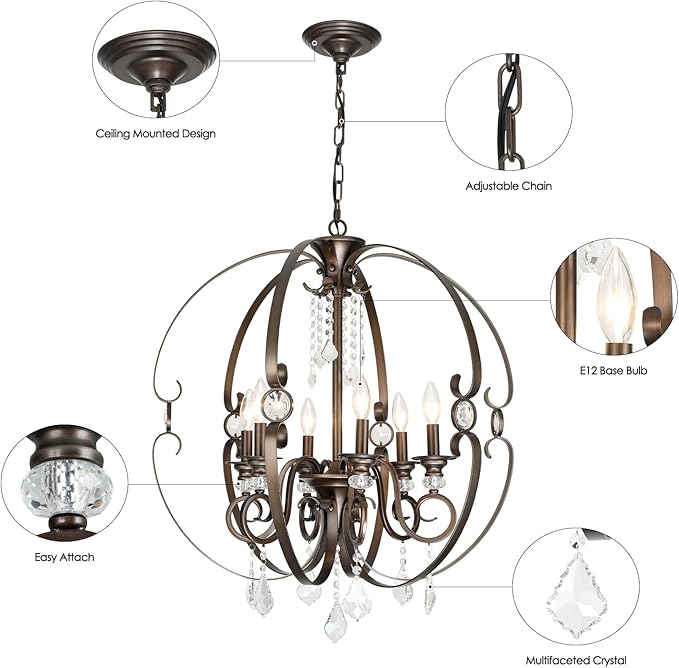 Oil-Rubbed Bronze Crystal Chandeliers for Dining Room Light Fixture, 6-Light 26 Inch Sphere Vintage Chandelier for Kitchen Island, Living Room, Foyer, Staircase, Entry, Villa