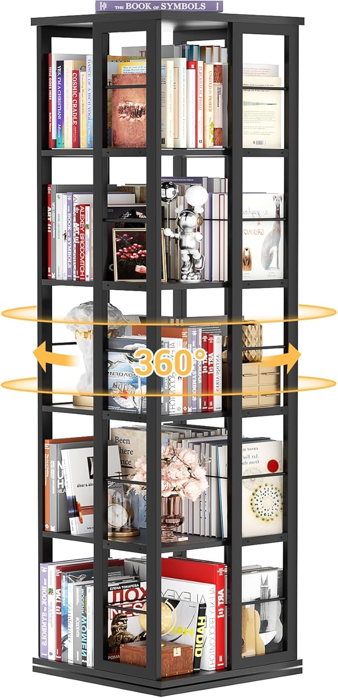 Aheaplus Rotating Bookshelf, Corner Bookcase, 360 Display Wood Spinning Bookshelves, Floor Standing Bookcases Narrow Shelf, 5 Tiers, Black