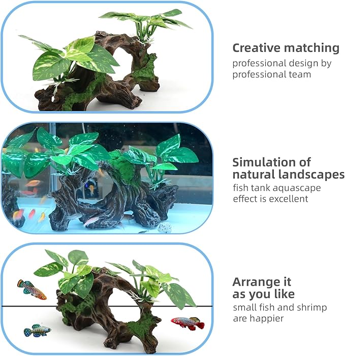 Fish Tank Decorations Artifical Driftwood Cave Aquarium Decor Ornaments Silk Aquarium Plants for Betta Fish Tank Accessories