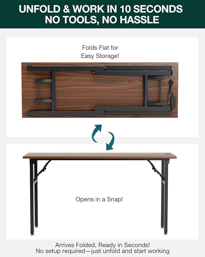 Frylr Small Folding Computer Desk – 55.1 Inch Portable Table for Craft and Study, Lightweight Desk for Small Spaces, Foldable Laptop Table Built-in AC/USB Outlets for Convenience, Dark Walnut