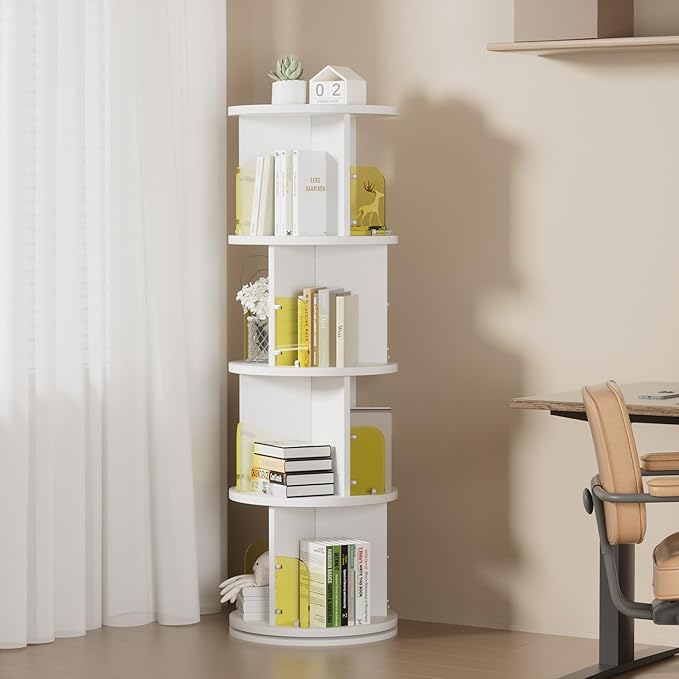 VECELO 4-Tier Rotating Bookshelf, Small Corner Bookshelf for Small Space, 360 Display Floor Standing Bookcase Storage Rack, Wood Narrow Book Shelf Organizer for Bedroom, Living Room, White