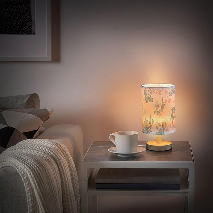 Bedside Table Lamp Western Desert Cactus Mountains Nightstand Lamp with Wood Desk Lamps for Bedroom Living Room Nursery Office Home Decor