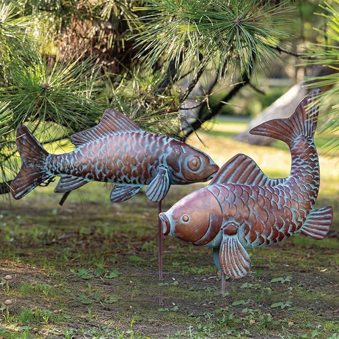 Set of 2 Koi Fish Decor Outdoor Statue Sculpture Garden Pond Fishes Yard Art Antique Copper Koi Sculptures & Statues Large Metal Koi Fish Figurine Ornaments Décor Gifts for Women Mom Grandma