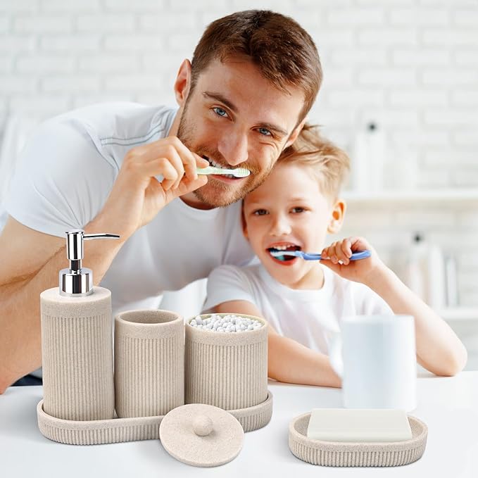Bathroom Accessory Set 5Pcs- Lotion Soap Dispenser,Toothbrush Holder,Qtip Holder Dispenser,Vanity Tray and Soap Dish-Modern Bathroom Decor Vanity Countertop Organizer,Beige