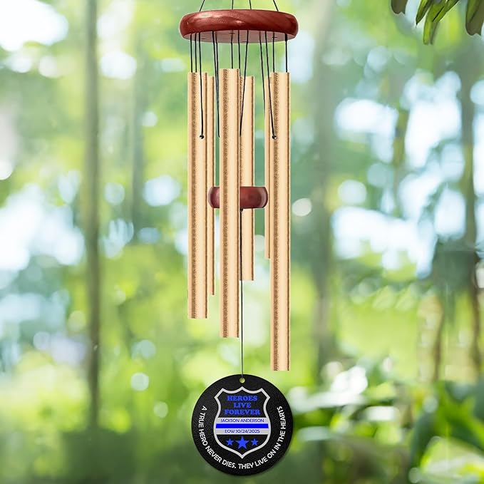 Personalized Police Memorial Wind Chime – “Heroes Live Forever” Custom Engraved Name & Eow Date – Blue Honor Line Fallen Officer Sympathy Gift – Memorial Windchime Tribute for Law Enforcement Heroes
