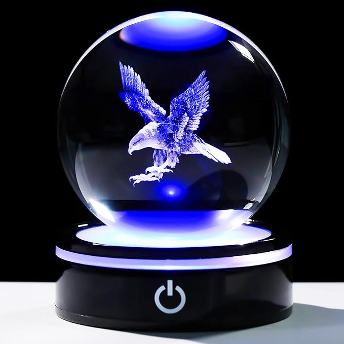 YWHL 3D Eagle Figurine Crystal Ball with Colorful Light Base, Eagle Gifts for Women Men Eagle Lovers on Christmas Birthday, 3D Laser Engraved Eagle Sphere Glass Ball for Home Office Decoration (80mm)