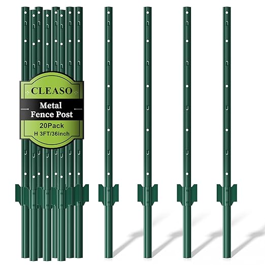 20 Pack Metal Fence Posts, 3ft Heavy Duty U-Post, Green Garden Stakes, No-Dig Post Anchors for Wire Fences, Temporary Fencing, Electric Fence, and Corner Support