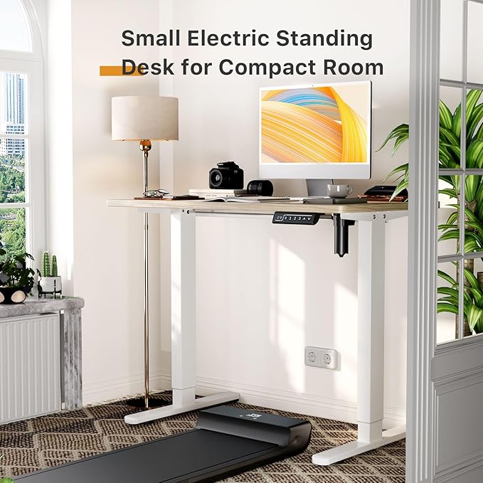 JOY worker Small Electric Standing Desk, 35" x 20" Whole Piece Height Adjustable Desk with Memory Controller, Light Walnut Sit to Stand Workstation for Home Office