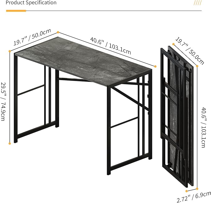 Folding Desk 40 inch Writing Gaming Computer Camping Desk, No Assembly Required Home Office Table, Grey