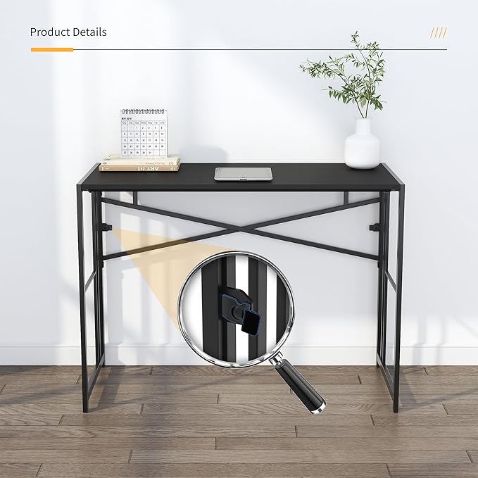 Folding Desk 40 inch Writing Gaming Computer Camping Desk, No Assembly Required Home Office Table, Black