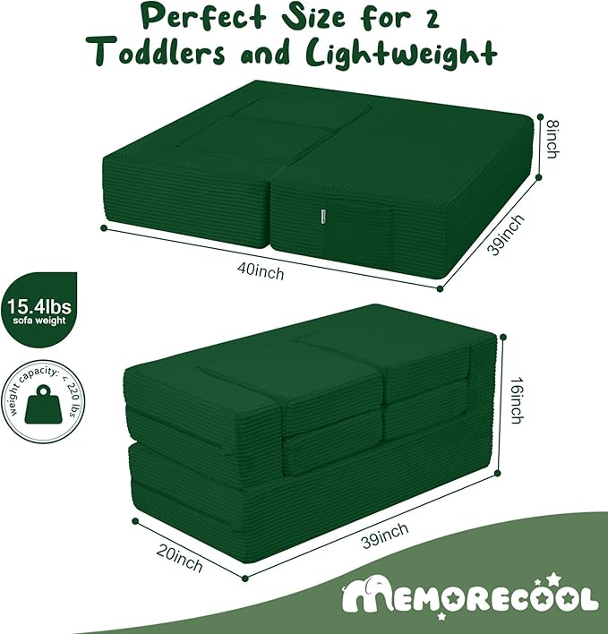 MeMoreCool Modular Kids Couch, Corduroy Play Toddler Couch for Bedroom Playroom Furniture, Convertible Foam Kids Sofa Bed, Fold Out Baby Sofa for Girl Boy, Green