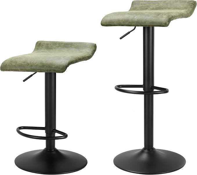 Finnhomy Bar Stools Set of 2 Counter Height, Swivel Barstools with Footrest and Backless, Height Adjustable Modern Bar stools for Kitchen, Vintage Leather, Retro Green