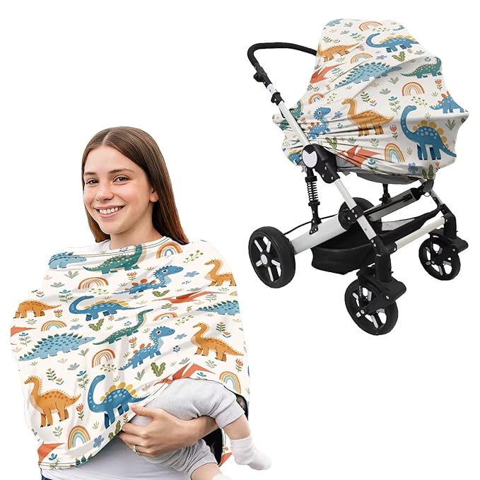 Dinosaur Carseat Canopy for Babies Fits Most Strollers & Baby Car Seats Rainbow Breastfeeding Nursing Pillow Slipcovers Soft and Stretchy 2PCS