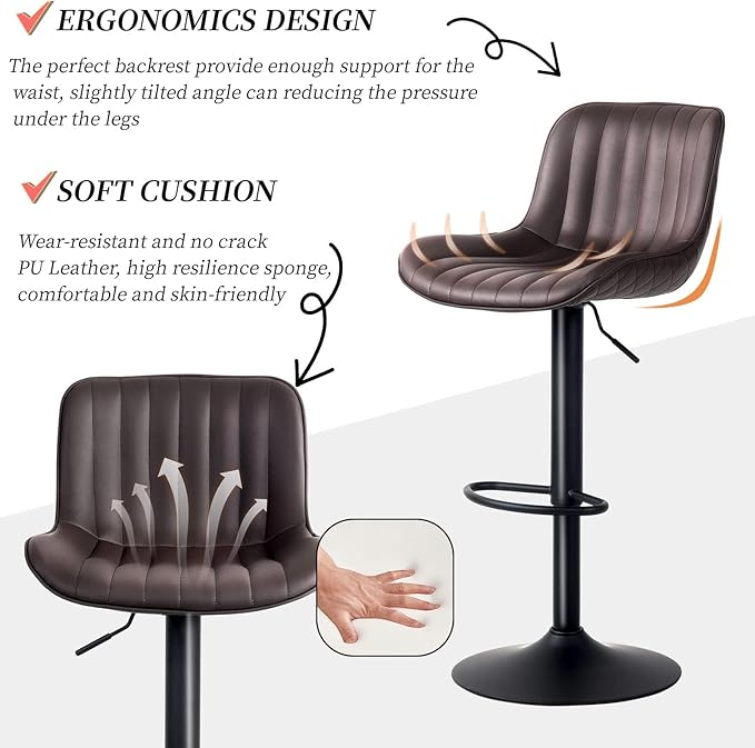 YOUNUOKE Counter Height Bar Stools Set of 2, Adjustable Swivel Stool Chairs with Back, Brown Faux Leather Upholstered, Mid-Century Modern Barstools for Kitchen Island, Dining Room, Home Bar, Bistro