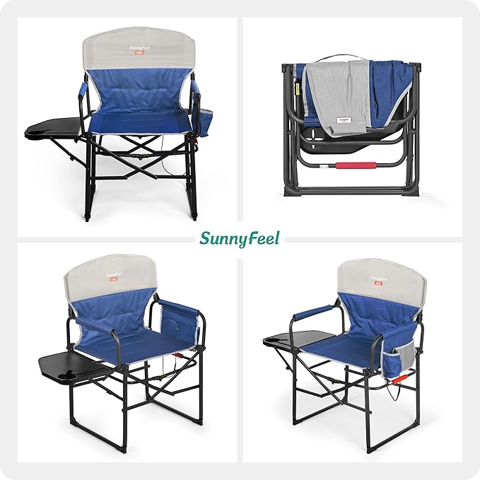 SUNNYFEEL Heated Camping Directors Chair, Heavy Duty,Oversized Outdoor Portable Heating Folding Chair with Side Table, Pocket for Beach, Fishing,Trip,Picnic,Lawn,Concert Foldable Camp Chairs