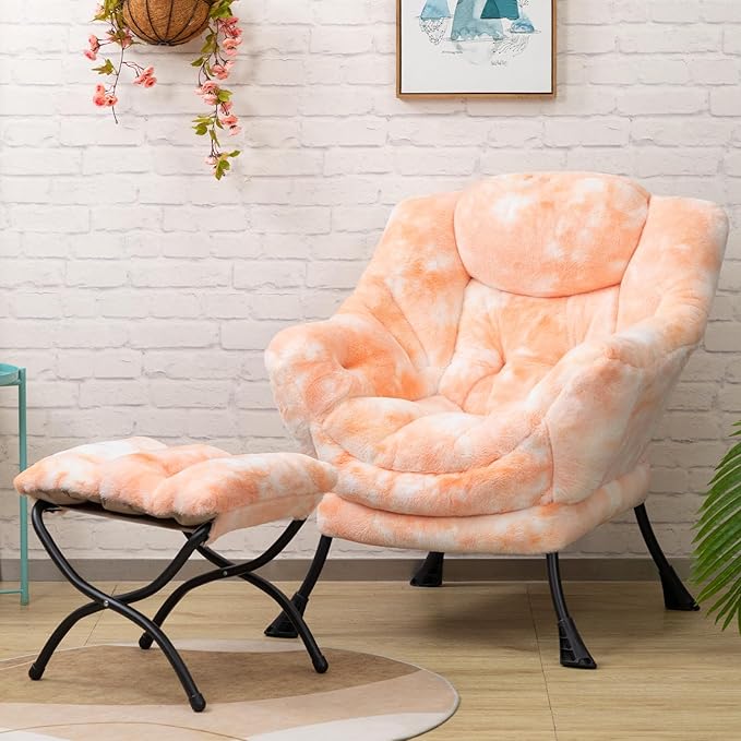 HollyHOME Faux-Fur Lazy Chair with Foldable Ottoman, Accent Comfy Lounge Arm Chair and Folding Footrest Stool Set, Leisure Sofa Reading Chair and Footstool for Living Room, Bedroom, Orange&White